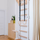 BenchK 711B + A076 & BenchK 711W + A204 Wall Bars with Adjustable Wooden Pull-Up Bar and Gymnastic Accessories