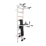 BenchK 223W Multifunctional Wall Bars with Fixed Steel 6-Grip Pull-Up Bar, Dip Bar, and Workout Bench – White