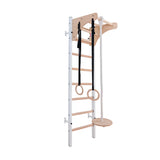 BenchK 211W+A204 Wall Bars - White Matte Steel Frame with Beech Wooden Pull-Up Bar, Gymnastic Rings, and Swing Rope